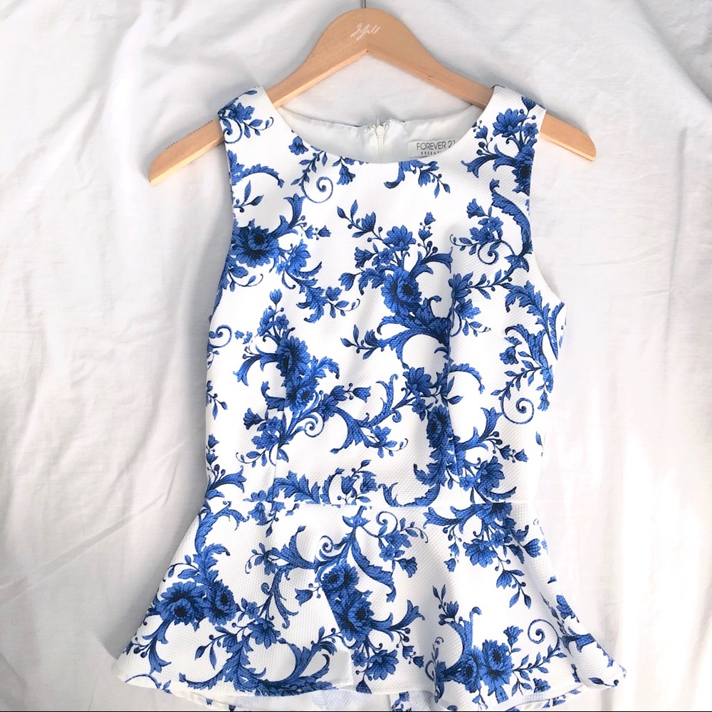 Brunch Blue White Floral Peplum Sleeveless Small